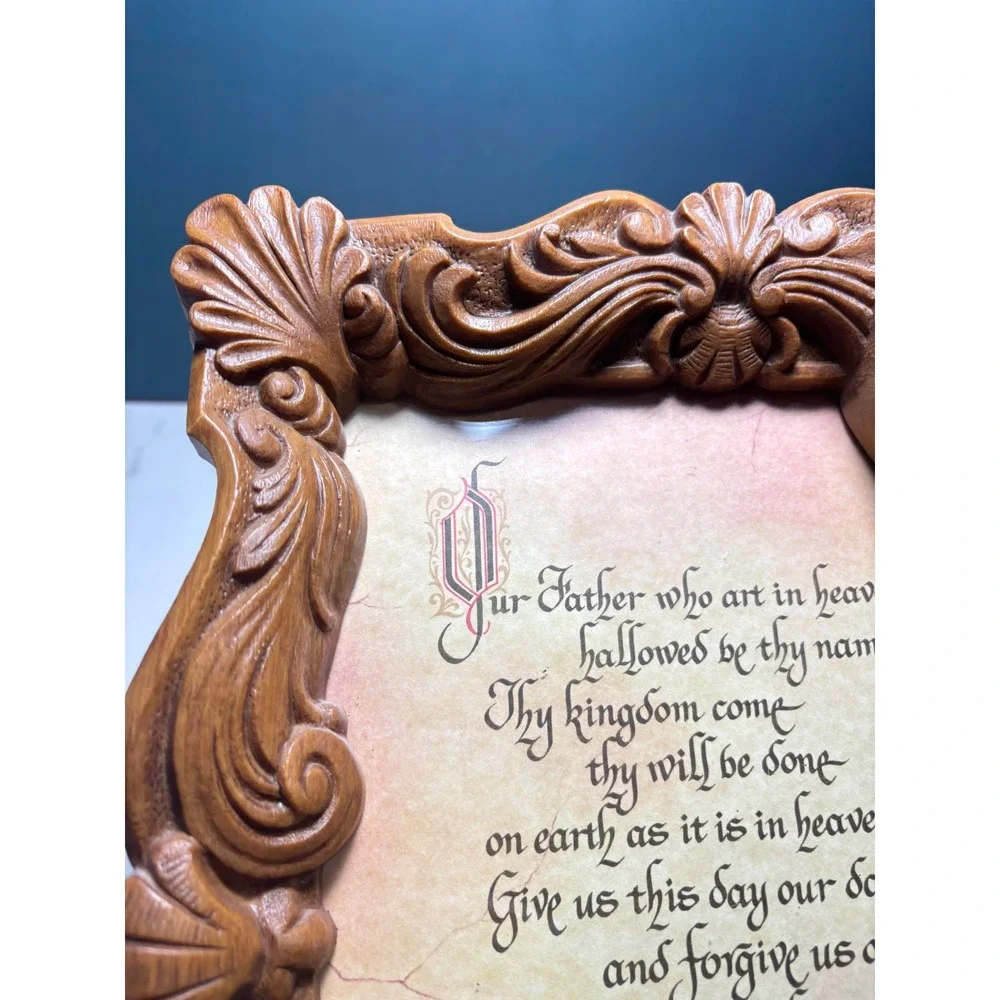 Vintage Lords Prayer Wall Plaque 3D Praying Hands Ornate Faux Wood Frame 12.5in